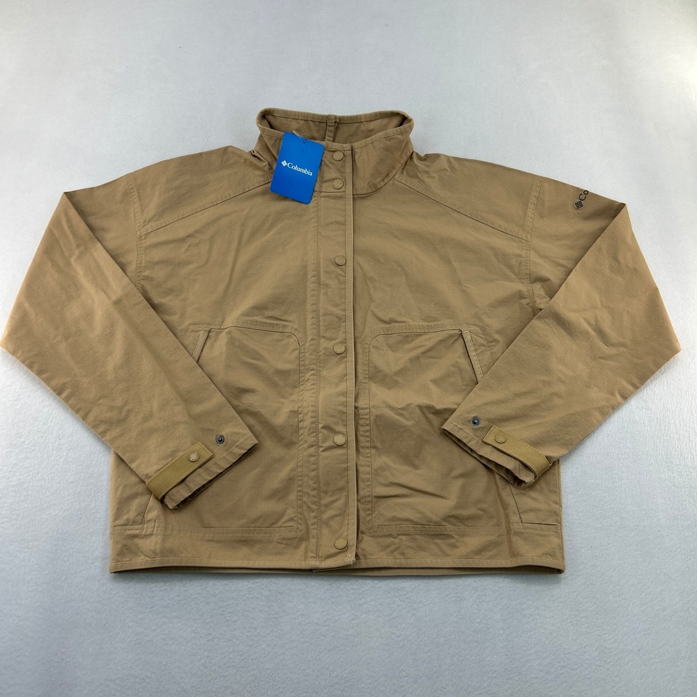 Columbia Khaki Ripstop Utility Jacket Womens Medium Tan Snap Front Mock Neck